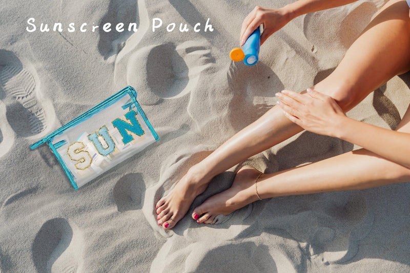 COSHAYSOO Clear Makeup Bag Preppy Sunscreen Pouch Beach Pool Summer Stuff Travel Cosmetic Toiletry Essentials Small Purse Organizer for Women Teenager Girl with Trendy Letter Patch Blue SUN - Image 5